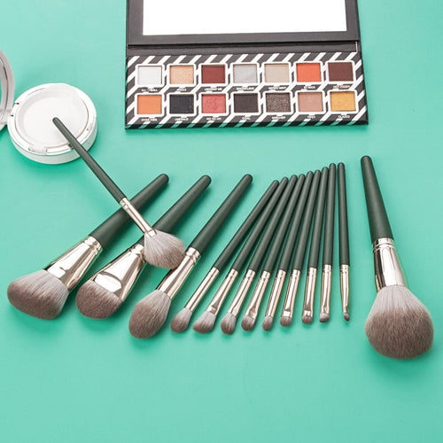 Sage Green 14-Piece Professional Makeup Brush Set with Storage Bucket