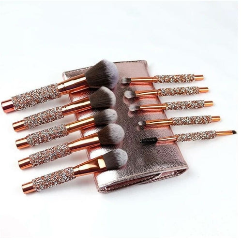 "Luxury 10-Piece Diamond-Studded Professional Makeup Brush Set for Precise Blending"