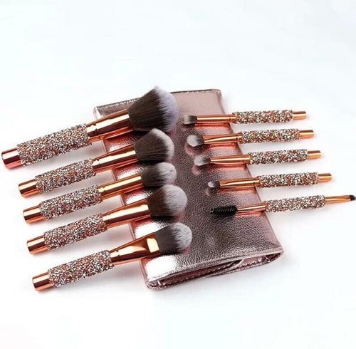 "Luxury 10-Piece Diamond-Studded Professional Makeup Brush Set for Precise Blending"